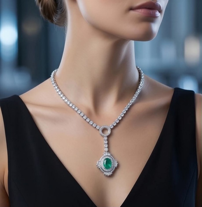 Vintage style - Timless Beauty - 10.5 carat Colombian Emerald 14.8 carat White Topaz .925 Sterling Silver handcrafted Statement necklace - Woman wearing necklace with emerald pendant, front view.