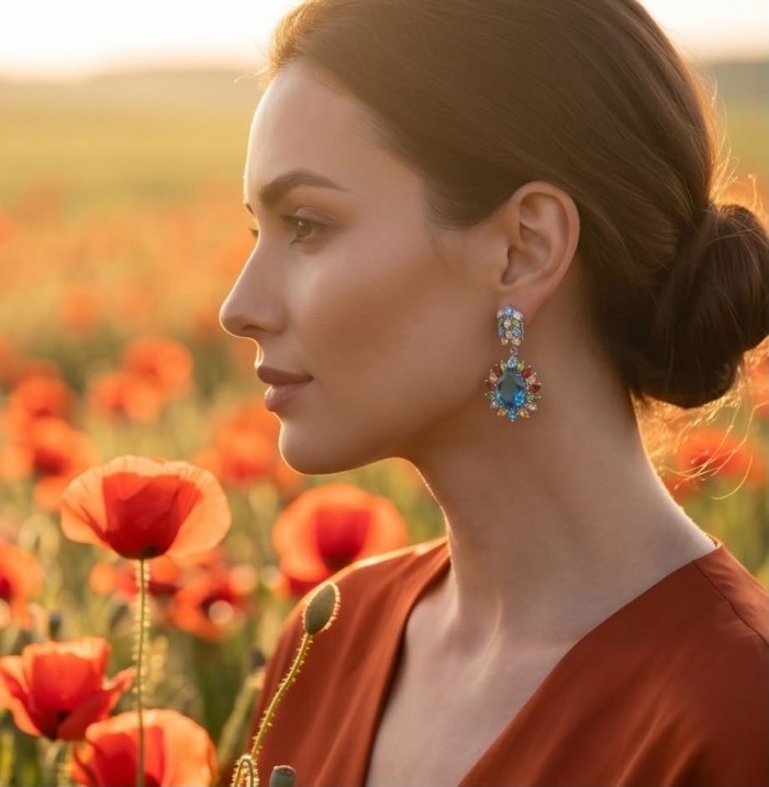Atlantica 33.7 carat Swiss Blue Topaz .925 Sterling Silver dipped in rhodium Handcrafted Statement earrings - Side view of Swiss Blue Topaz earrings worn by a woman in a poppy field.