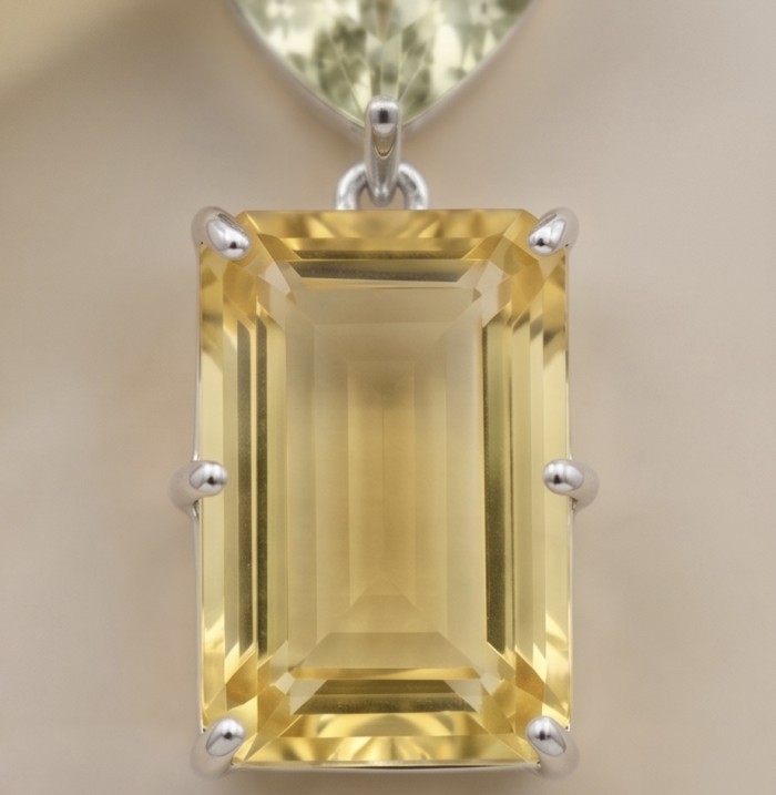 Golden Cascade 32.7 carat Lemon Quartz Green Amethyst .925 Sterling Silver handcrafted Lpendant - Close-up of Golden Cascade 32.7 ct Lemon Quartz pendant.