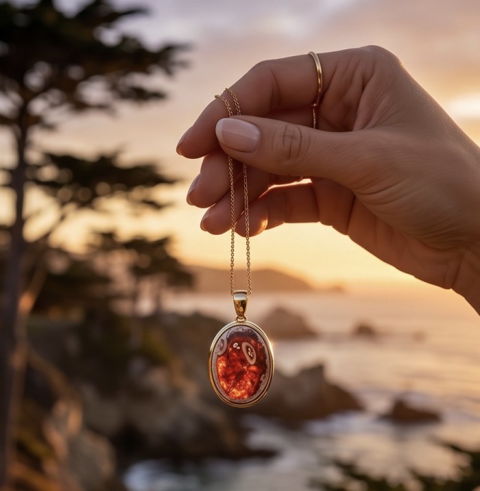 Inner Fire Natural 27.2 carat Mexican Fire Opal .925 Sterling Silver dipped in 18K Gold handmade Pendant - Hand holding Inner Fire Opal pendant at sunset, ocean backdrop