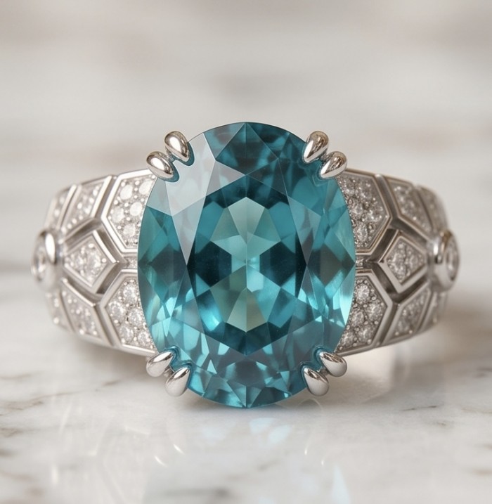 Big Surf 8.5 carat Paraiba Tourmaline .925 Sterling Silver Handcrafted Ring size 9 - Close-up of Big Surf 8.5 ct Paraiba Tourmaline ring in sterling silver