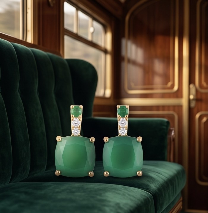 Asscher cut 3.8 carat COLOMBIAN Emerald 22k Gold over .925 Sterling Silver handmade Earrings - Elegant emerald earrings set on a vintage train seat, front view.