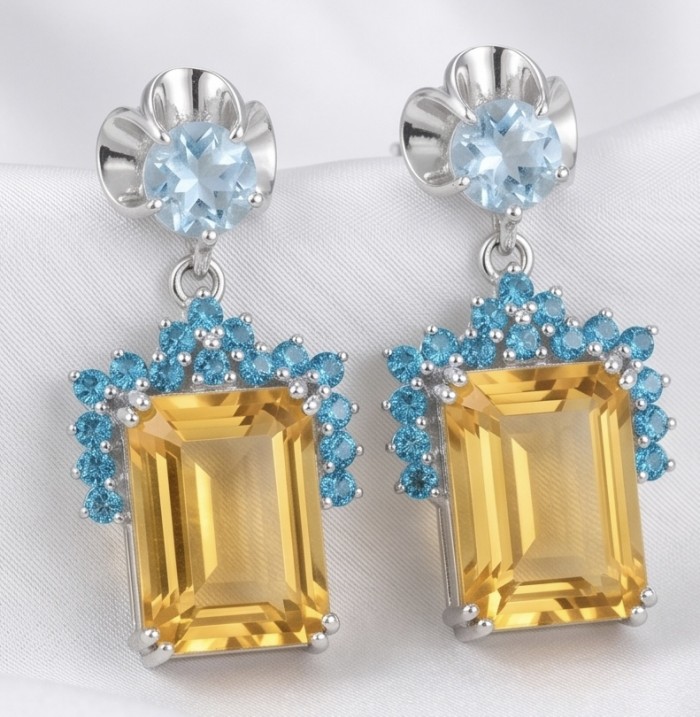 Summer Time 17.8 carat Lemon Quartz rhodium over .925 Sterling Silver handcrafted Statement Earrings - Front view of earrings with lemon quartz and blue gemstones.
