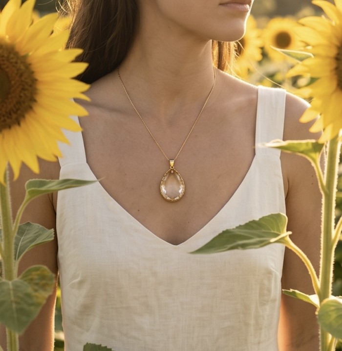 Perfection Oval cut 30.3 carat Lemon Quartz 18K Gold over .925 Sterling Silver handcrafted LARGE pendant - Necklace on woman in sunflower field, 30.3 ct Lemon Quartz in gold setting.