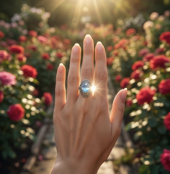 Angelina 8.9 carat authentic Swiss Blue Topaz .925 Sterling Silver Handcrafted Ring size 8 - Swiss Blue Topaz ring worn on hand in a garden setting.
