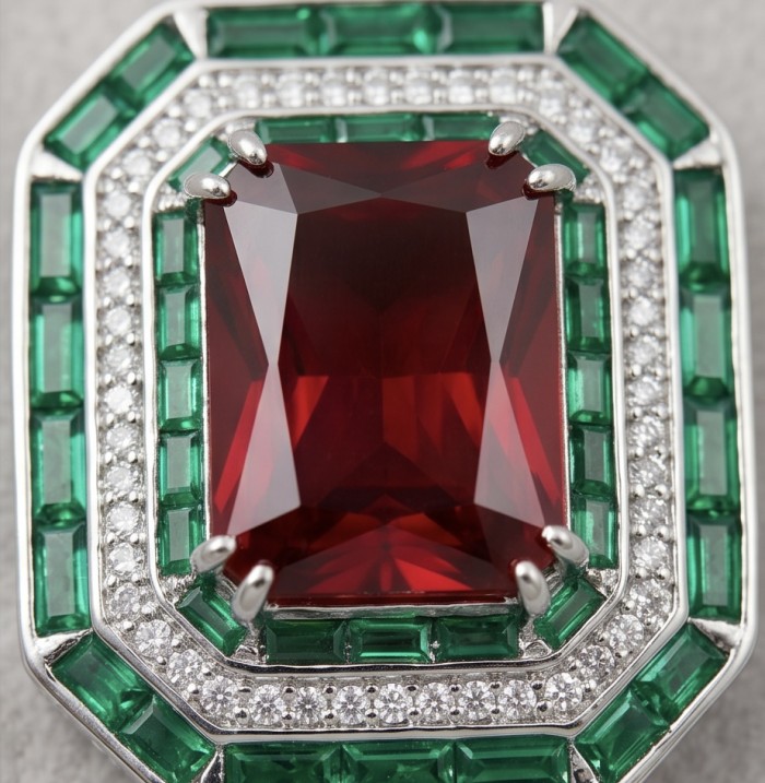 Art Deco 19.4 ctw Ruby Emerald .925 Sterling Silver handcrafted Large Statement Ring size 8 1/4 - Ruby and emerald ring stone close-up, Art Deco style in sterling silver.