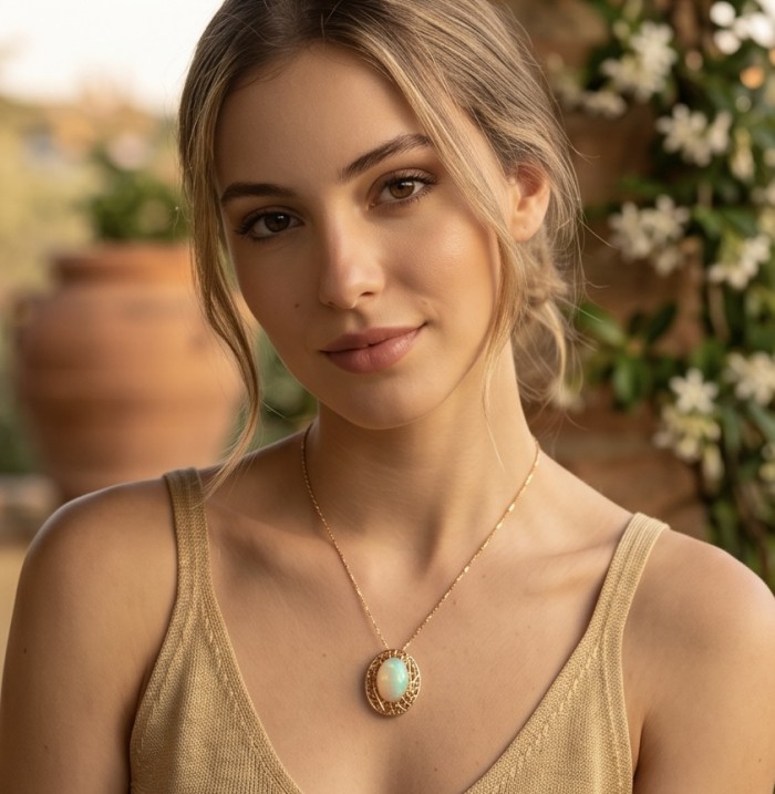 Earth Treasure Authentic 12.8 carat Golden Ethiopian Opal 22K Gold over .925 Sterling Silver handcrafted Statament Necklace - Woman wearing necklace with Golden Ethiopian Opal pendant, front view.