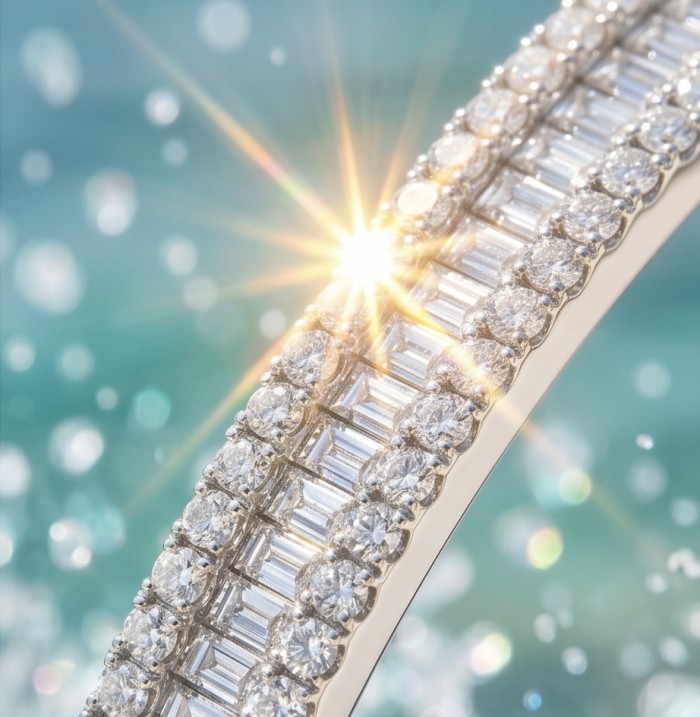 Veronica - Precious 6.7 carta White Topaz rhodium over .925 Sterling Silver Statement bracelet - Close-up of sparkling white topaz encrusted jewelry with sun flair.
