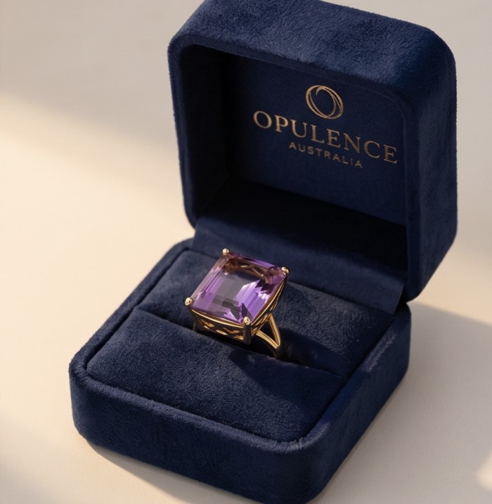 Empress of Uruguay 31.2 carat natural Amethyst .925 Sterling Silver dipped in 22K Gold Handcrafted Ring size 7 - Amethyst ring in blue box, front view; 31.2 carat, .925 sterling silver.