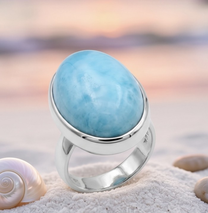 Large 14.9 carat Blue Perfection Blue Larimar .925 Sterling Silver handmade Large ring size 7 adjustable - Close-up of blue Larimar ring set in sterling silver on sand.