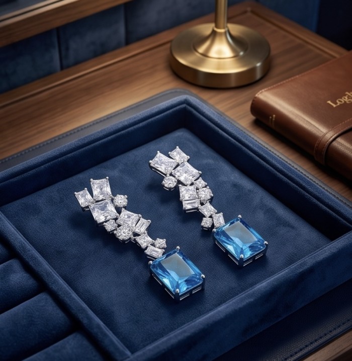 FINE Art 15.8 carat Swiss Blue Topaz rhodium over .925 Sterling Silver Handcrafted Statement earrings - Elegant earrings with blue topaz and diamonds in a velvet box.