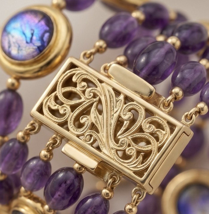 Baroque Style Beauty 39.5 carat Amethyst 14K Gold over .925 Sterling Silver handcrafted Bracelet - Close-up of Baroque style bracelet clasp with amethyst beads