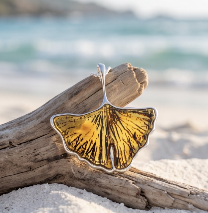 Calla Lily Prehistoric Authentic Butterscotch Baltic Amber .925 Sterling Silver beautifully handcrafted Pendant - Calla Lily pendant with amber on driftwood, beach background.
