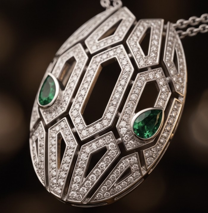Great Masterpiece Snake's Head genuine 4.1 carat Colombian Emerald .925 Sterling Silver handmade necklace - Close-up of Great Masterpiece Snake's Head pendant with emeralds.