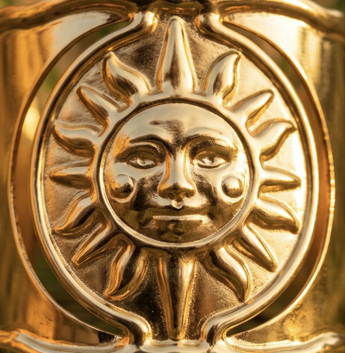 Renewal - Byzantine design 14K Gold over .925 Sterling Silver handcrafted Bracelet / Cuff - Sun charm close-up on 14K gold over sterling silver jewelry.