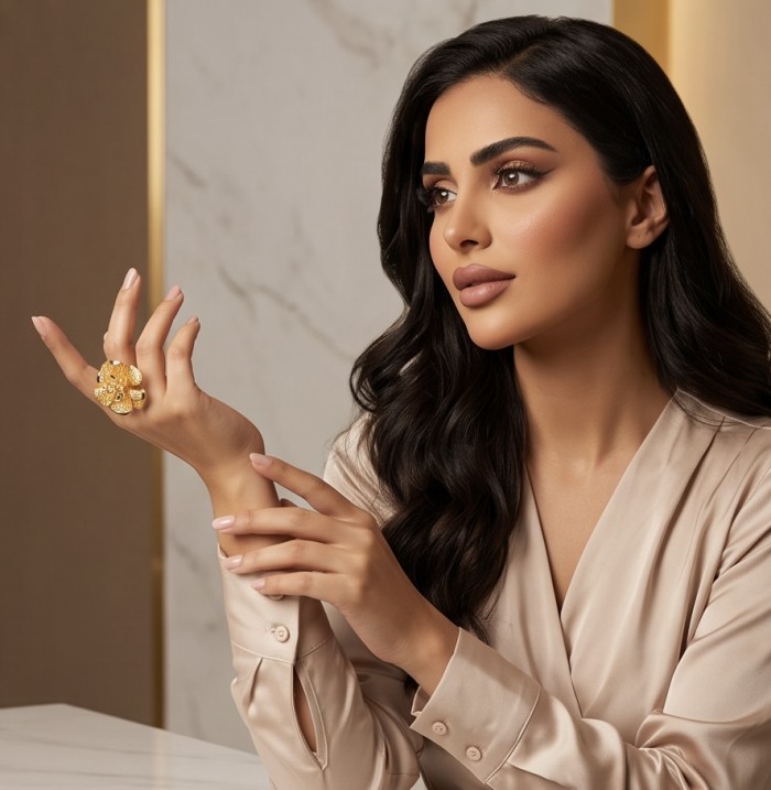 GOLDEN ROSE - Dubai Style - .925 Sterling Silver dipped in 22K Gold handmade Large ring size 6 1/4 - Woman wearing GOLDEN ROSE ring, side view, marble background.