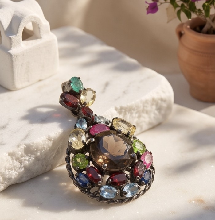 Conqueror Authentic 9.5 carat carved 10.8 CARAT Smoky Topaz black rhodium over .925 Sterling Silver handmade Statement Pendant - Colorful gemstone pendant with smoky topaz, displayed on marble surface.