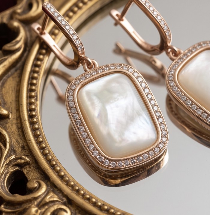 Genuine Blister Pearl lab grown Diamond 18K Rose Gold over .925 Sterling Silver handcrafted Statement Earrings - Close-up of earrings with blister pearl and diamonds in rose gold setting