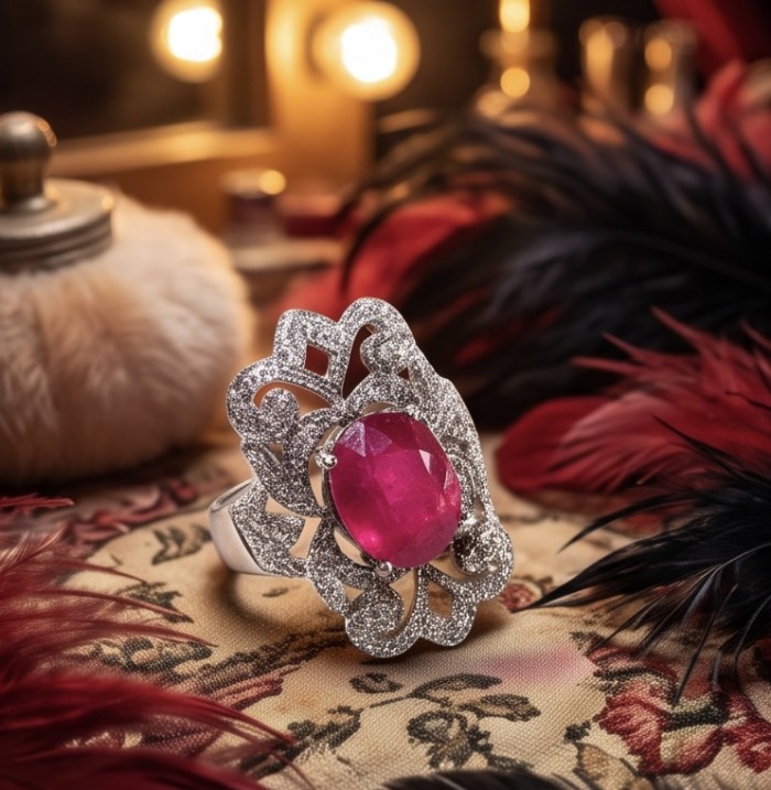 Bella Rosa Genuine 5.5 CARAT Ruby rhodium over .925 Sterling Silver Statement Ring size 6 1/4 - Ruby ring with intricate design on floral background, stone close-up.