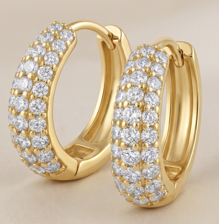 Dubai Style - 0.8 carat pave White Topaz .925 Sterling Silver dipped in 18K Gold handmade Earrings - Gold hoop earrings with white topaz pave detail, front view.