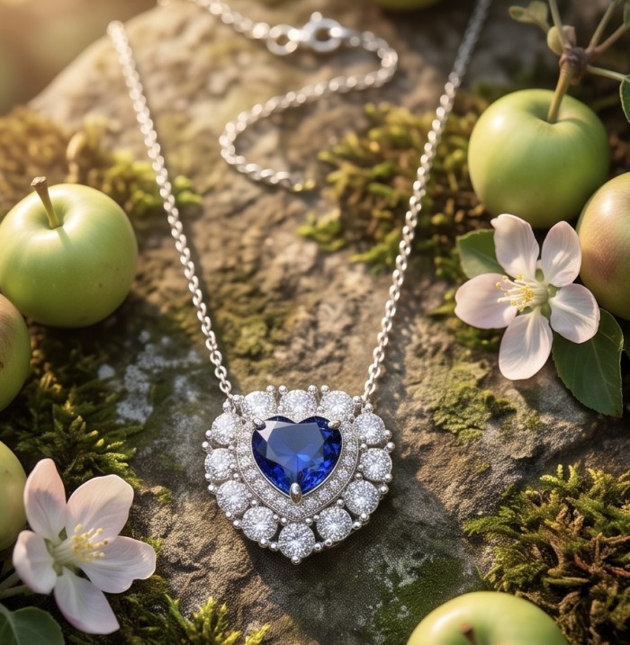 Titanic - Heart of The Ocean Necklace ~ 4.5 Ct Tanzanite Necklace In 925 Sterling Silver necklace - Heart of The Ocean necklace on mossy stone with apples and flowers