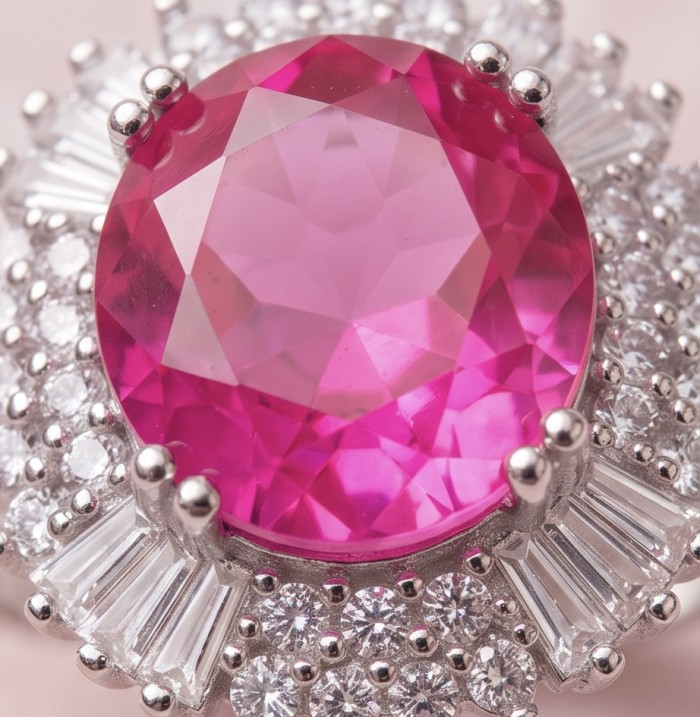 Stella 9.8 carat Brazilian Pink Topaz .925 Sterling Silver Handcrafted Statement Ring size 8 - Close-up of Brazilian pink topaz set in sterling silver.