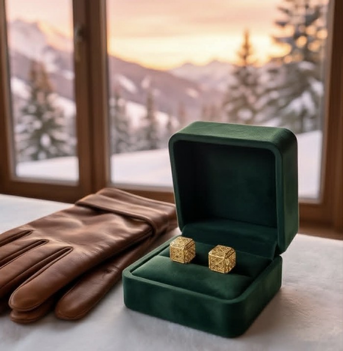Black Label Collection -golden cubes- Dubai Style - Natural 22K Gold over .925 Sterling Silver handmade earrings - Gold cufflinks in a green box, with leather gloves, snowy mountains view.