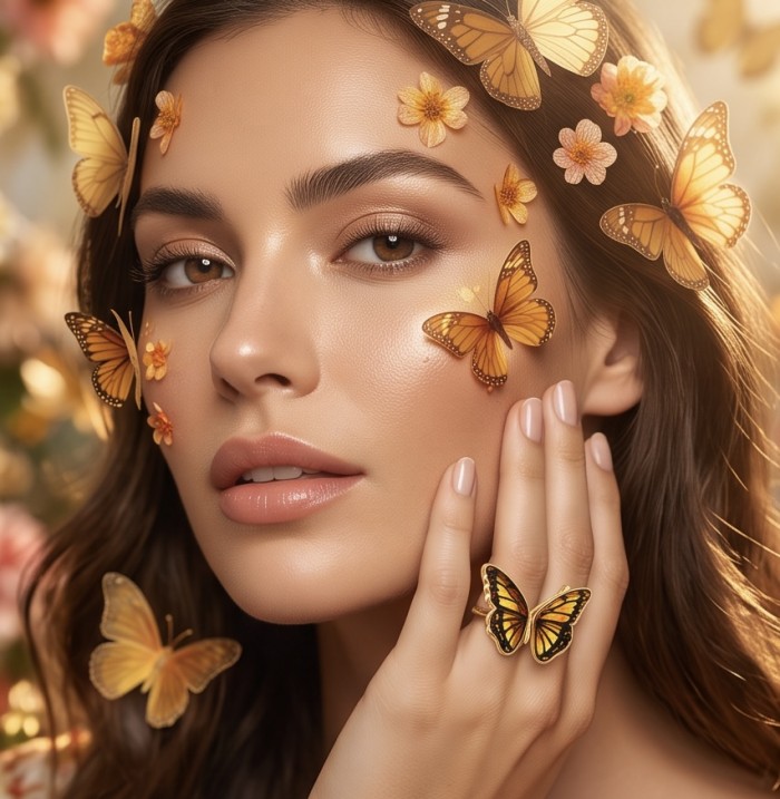 Butterfly Authentic Baltic Amber .925 Sterling Silver dipped in 18K Gold handcrafted ring; s. 8 adjustable - Worn on hand: Butterfly Baltic Amber Sterling Silver Ring with accents