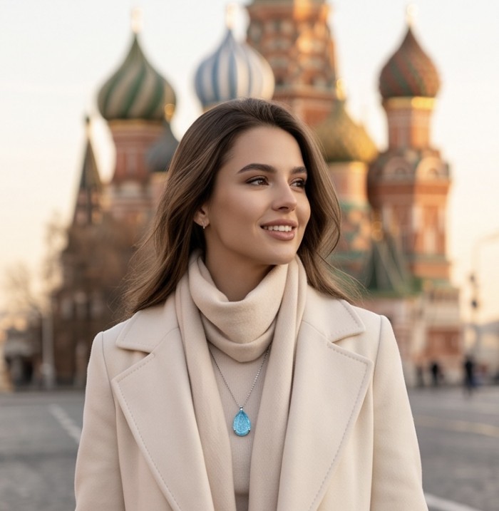Angelina 14.9 carat authentic Aquamarine .925 Sterling Silver Handcrafted pendant - Aquamarine necklace worn, St. Basil's Cathedral in background.