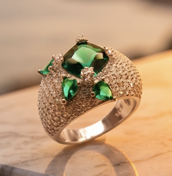 Luxurious 6.7 carat Colombian Emerald .925 Sterling Silver rhodium over handcrafted Ring s. 6 - Luxurious emerald ring in .925 silver, side view on marble surface