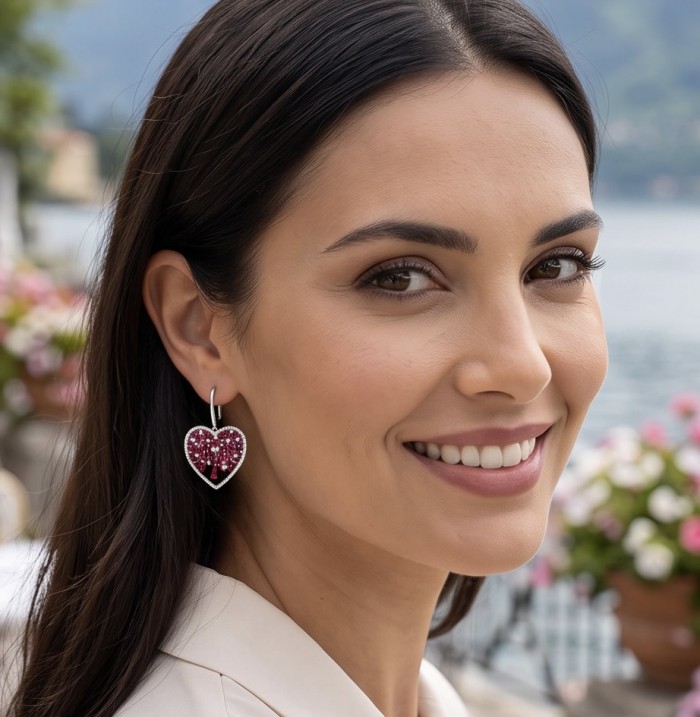 Precious Hearts - authentic 8.5 carat Mozambique Ruby .925 Sterling Silver dipped in rhodium handcrafted Statement Earrings - Woman wearing Precious Hearts earrings, side view close-up.