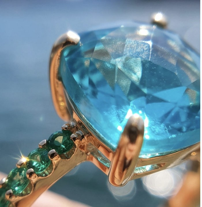 Angelina 8.9 carat authentic Aquamarine 14K Gold over .925 Sterling Silver Handcrafted Ring size 6 1/4 - Close-up of Angelina 8.9 carat aquamarine ring with gold band detailing.