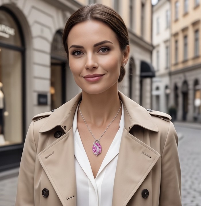 Incredible oval cut 17.8 carat Pink Sapphire .925 Sterling Silver handcrafted pendant - Woman wearing pink sapphire necklace in urban setting, close view.