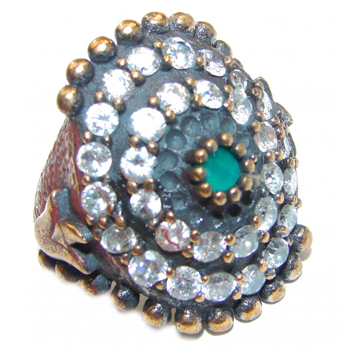 Victorian Style created Emerald & White Topaz Copper over Sterling Silver ring; s. 6 3/4 - photo 1