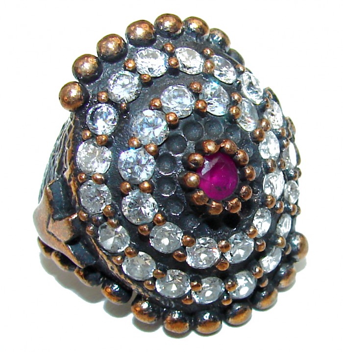 Victorian Style created Ruby & White Topaz Copper over Sterling Silver ring; s. 6 1/4 - photo 1