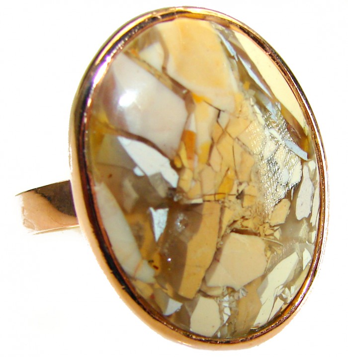 Flawless Australian Bracciated Mookaite 14K Gold over .925 Sterling Silver Ring size 8 adjustable - Close-up of Australian Bracciated Mookaite ring with gold setting.