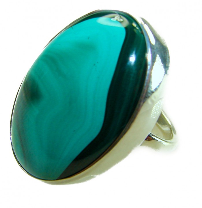 39.2 CARAT genuine Malachite from Utah .925 Sterling Silver handcrafted ring size 8 adjustable - Close-up of a 39.2 carat malachite ring in .925 sterling silver.