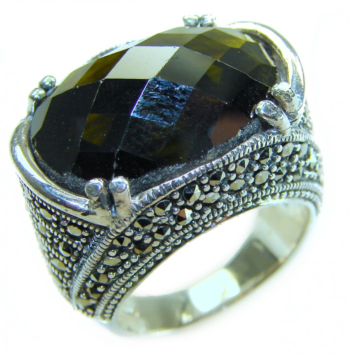 Green Royalty - Huge 28.5 carat Green Tourmaline .925 Sterling Silver handcraftedv STATEMENT ring; s. 7 1/4 - Close-up of Green Tourmaline ring with intricate silver detailing