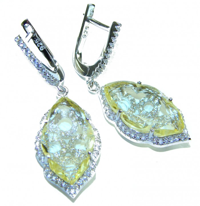 Costa del Sol 15.8 carat Lemon Quartz .925 Sterling Silver handcrafted Statement Earrings - Lemon Quartz Sterling Silver earrings with clasp detail and stone close-up.