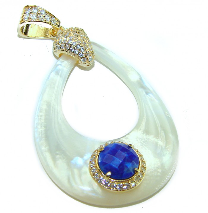 Genuine Blister Pearl lab grown Diamond 18K Gold over .925 Sterling Silver Statement pendant - Blister pearl pendant with blue stone, diamond accents, front view.
