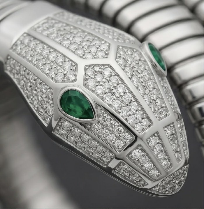 SERPENTINE Precious Snake Genuine 4.2 carat Emerald 925 Sterling Silver handcrafted Bracelet - Close-up of snake design with emerald eyes and diamond detailing