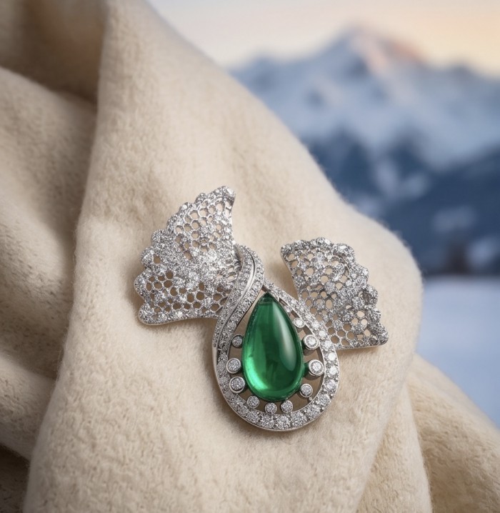 Black Label Collection - Retro Style - Genuine 10.5 carat Colombian Emerald .925 Sterling Silver handmade Brooch - photo 2