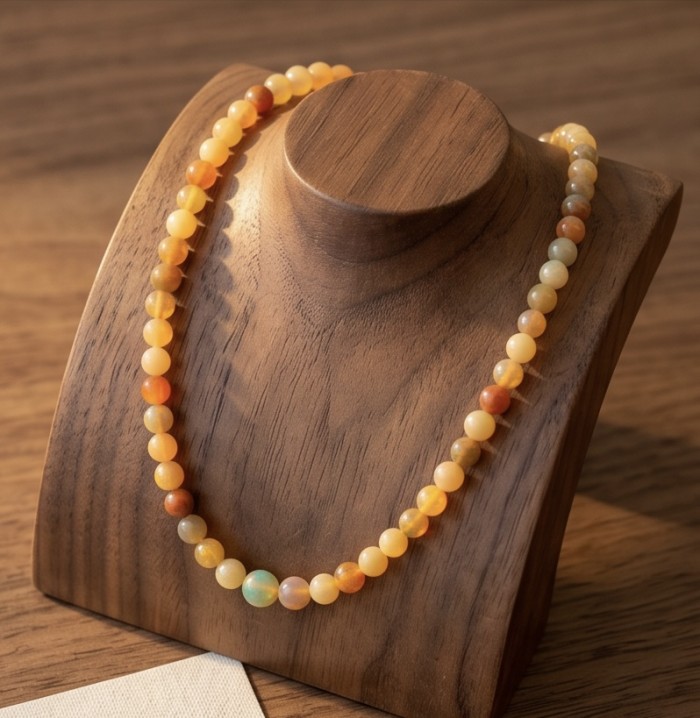 Real Masterpiece Natural Ethiopian Opal .925 Sterling Silver Necklace - Necklace displayed on stand, front view, showcasing opal beads.