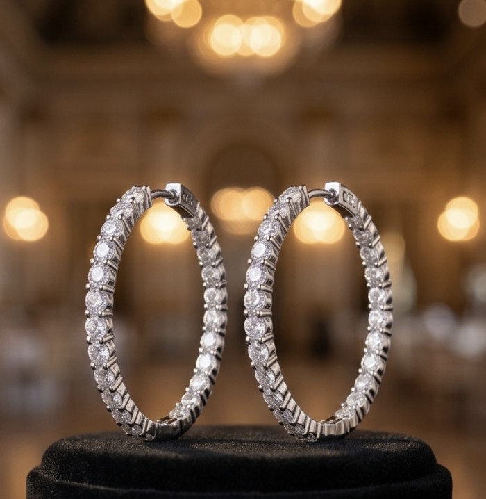 INSIDE - OUT Huge 1 5/8 inches long White Topazrhodium over .925 Sterling Silver handmade Hoop Earrings - Side view of rhodium hoop earrings with white topaz stones.