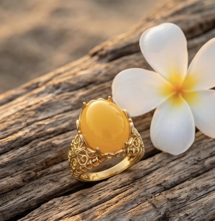 Vintage Style Authentic Golden Butterscotch Baltic Amber 18K Gold over .925 Sterling Silver entirely handcrafted ring; s. 7 1/2 - Vintage style amber ring on wood next to a white flower