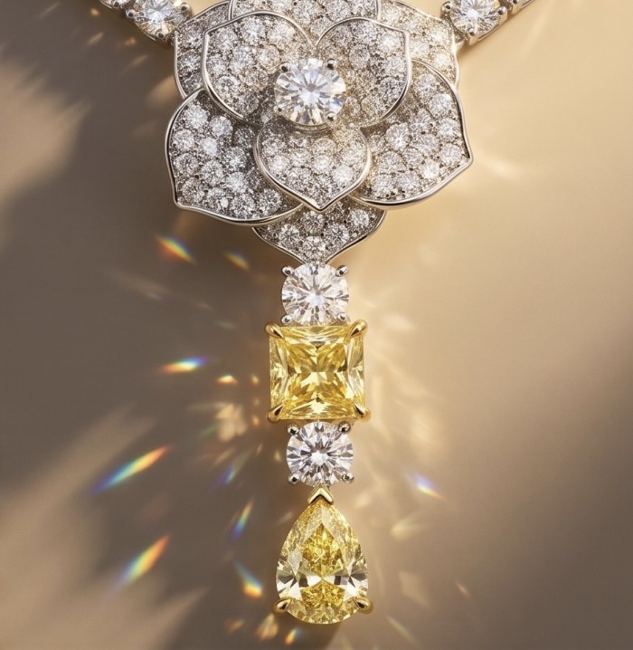 Luxurious - 6.7 carat yellow Montana Sapphire .925 Sterling Silver handcrafted Statement Necklace - Close-up of luxurious yellow sapphire and diamond necklace.