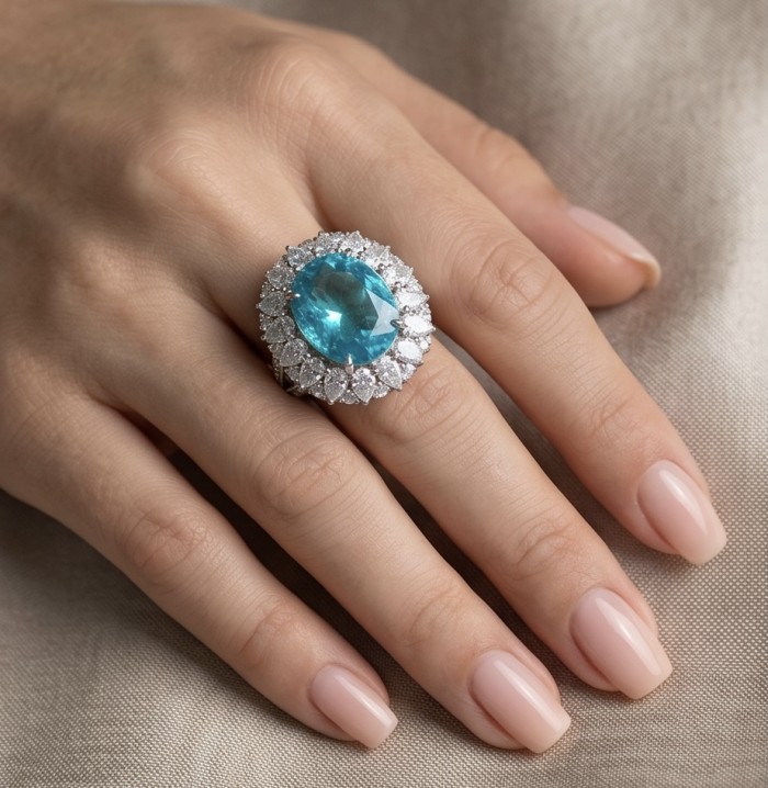 Gabriella 14.2 carat authentic Paraiba Tourmaline rhodium over .925 Sterling Silver handcrafted Statement Ring size 9 1/4 - Paraiba Tourmaline ring worn on hand, showing stone and setting detail.