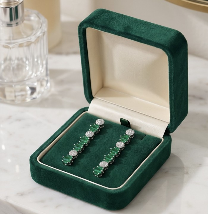 Art Deco 2.5 carat Emerald .925 Sterling Silver handcrafted earrings - Emerald earrings in green box, top view, on marble surface.