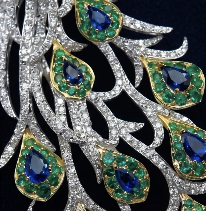 Most Incredible! - Natural 12.8 carat Sapphire Emerald Blue Peacock 2 tones 18K Gold over .925 Sterling Silver Large Brooch Pendant - Close-up of sapphire and emerald detailing on luxurious jewelry piece.