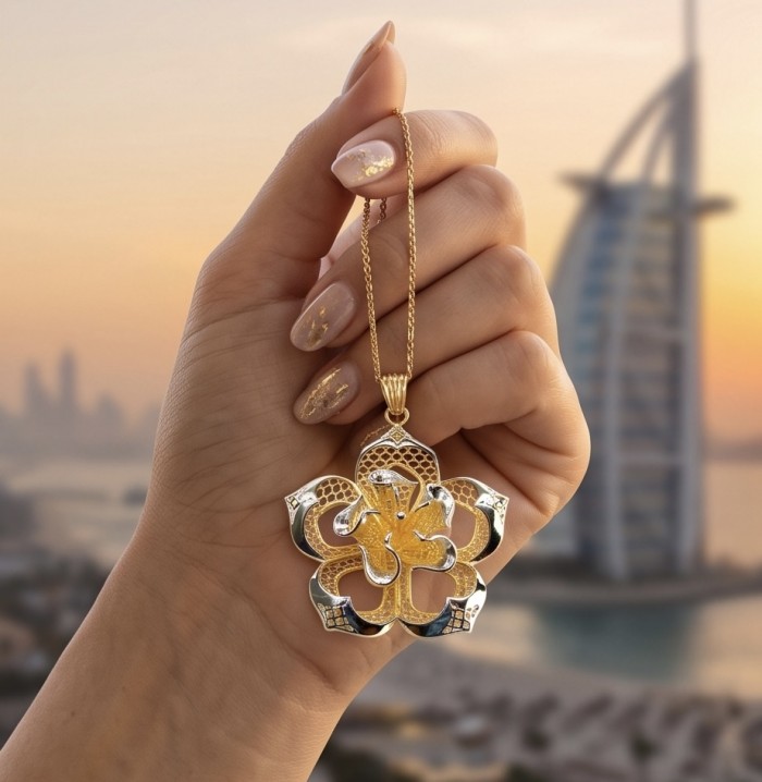Dubai Style - Golden Rose .925 Sterling Silver dipped in 22K Gold handmade Pendant - Hand holding Dubai Style Golden Rose pendant with a backdrop of a skyline.